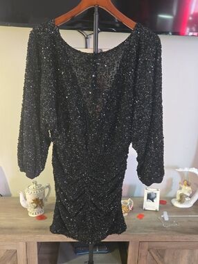 ba&sh Black Sequin Mini Dress with Blouson Sleeves